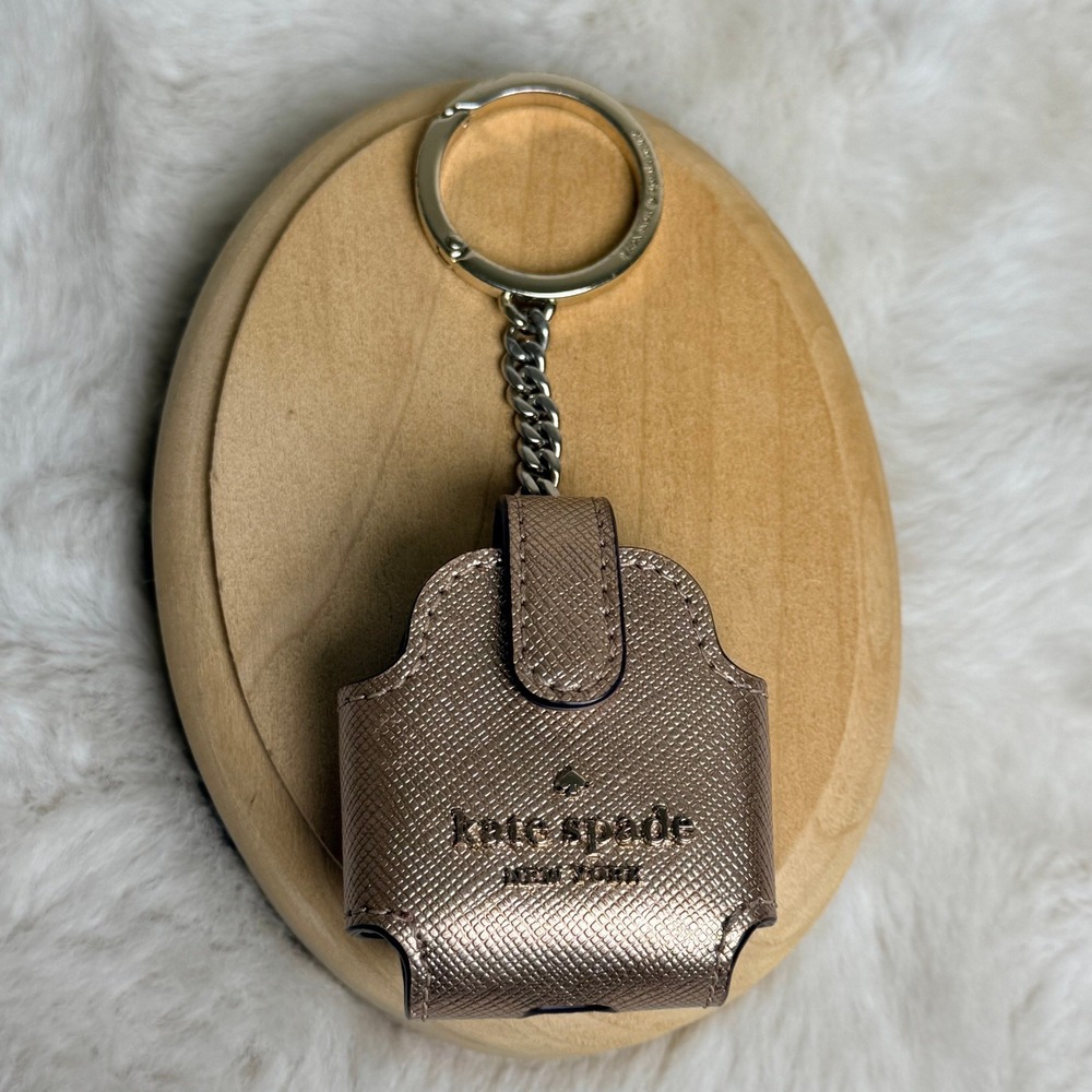 Kate Spade Rose Gold Metallic Saffiano Leather AirPods Case Keychain